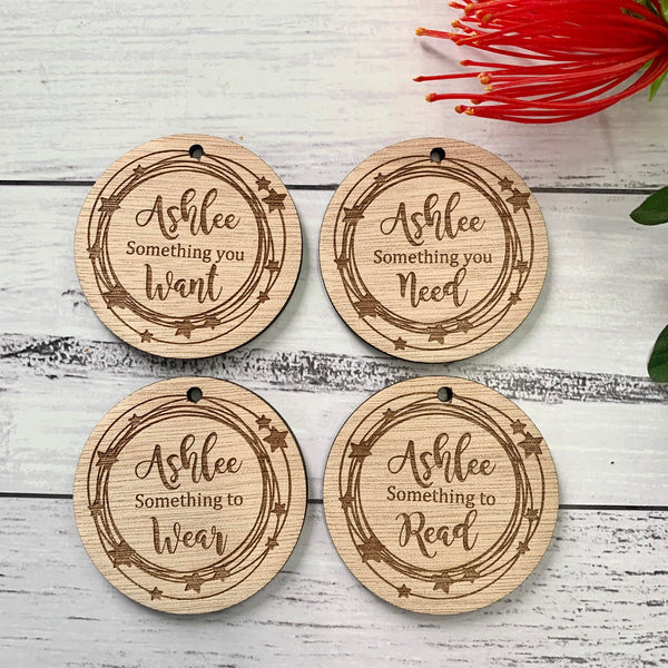 Round Need, want, wear, read gift tags (set of 4)