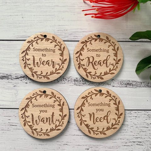 Round Need, want, wear, read gift tags (set of 4)