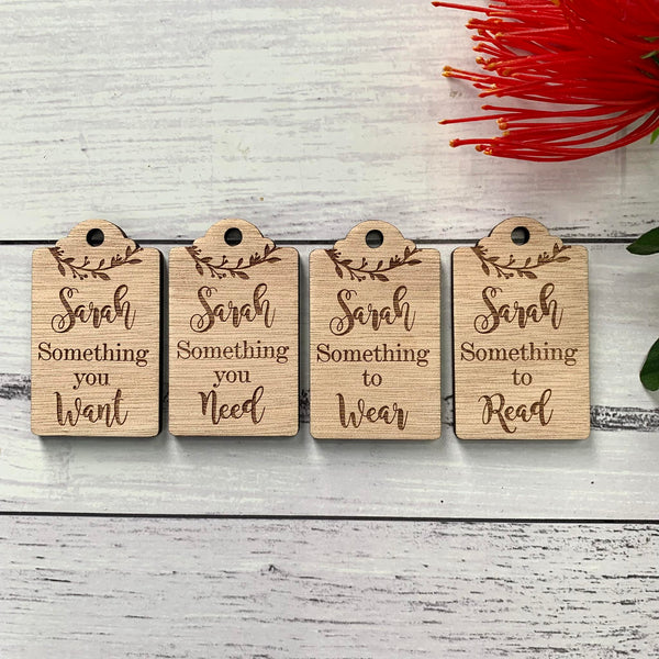 Need, want, wear, read gift tags (set of 4)